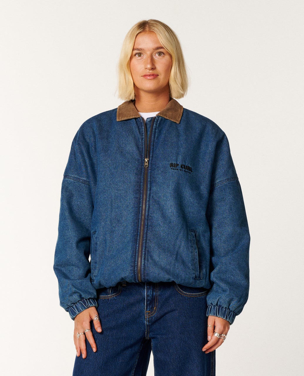 rough＆swell TRICOLOR RIB JACKET SAX　BLUE Retro Swell Heritage Bomber Jacket – Rip Curl