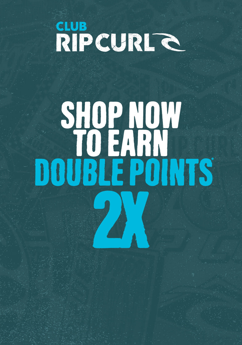 Promotional graphic for Club Rip Curl with text 'Shop Now to Earn Double Points 2x' on a dark blue background.