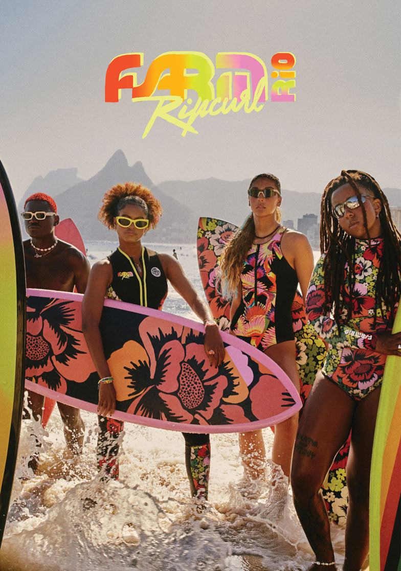 Group of people with surfboards on a beach, featuring the 'Farm Rio x Ripcurl' brand.