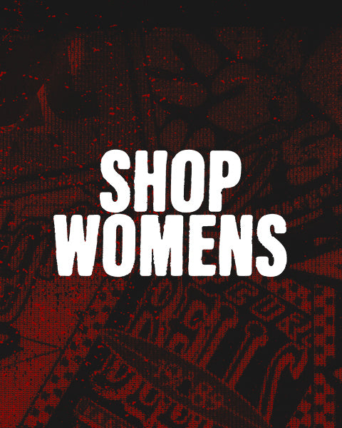 Text 'SHOP WOMENS' on a red patterned background
