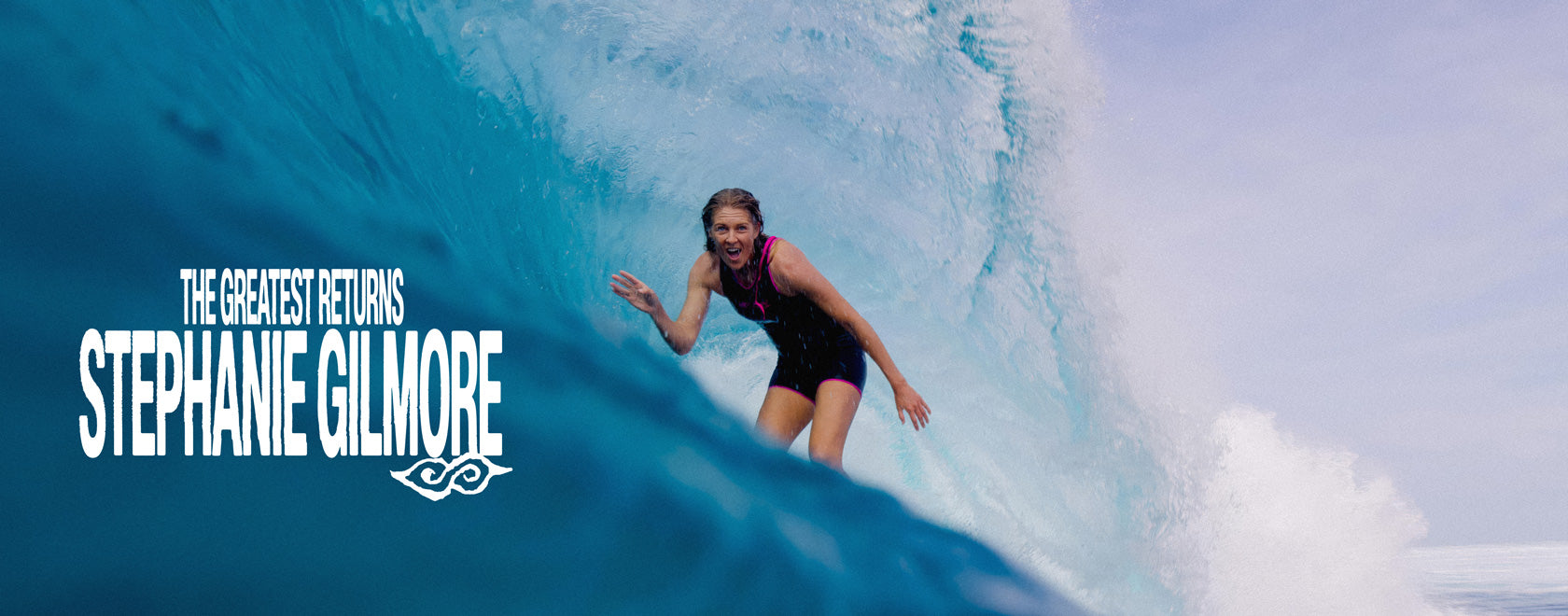Surfer riding a wave with text overlay 'The Greatest Returns' and 'Stephanie Gilmore'.