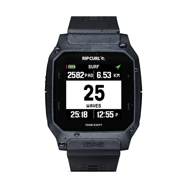 Black Rip Curl smartwatch with digital display on a white background