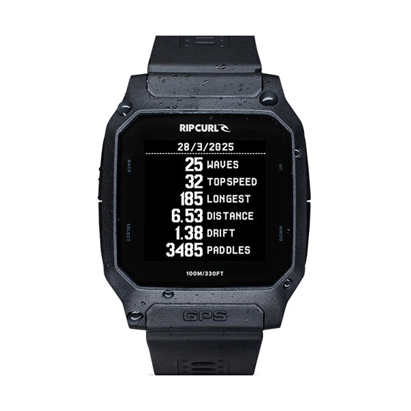 Black Rip Curl watch with digital display on a white background