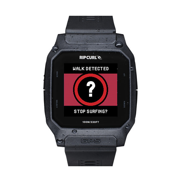 Black Rip Curl smartwatch with a screen displaying 'Walk Detected' on a white background