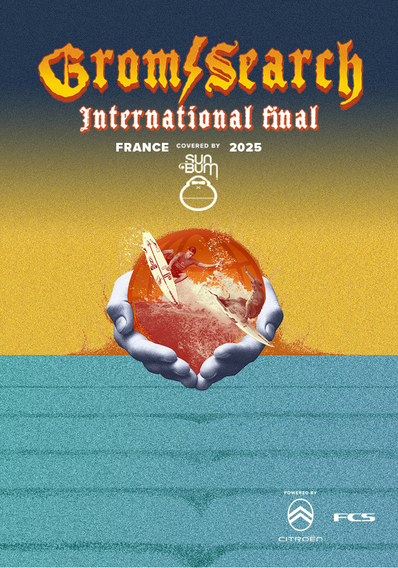 Promotional poster for a surfing event with text and a graphic of hands holding a surfboard.