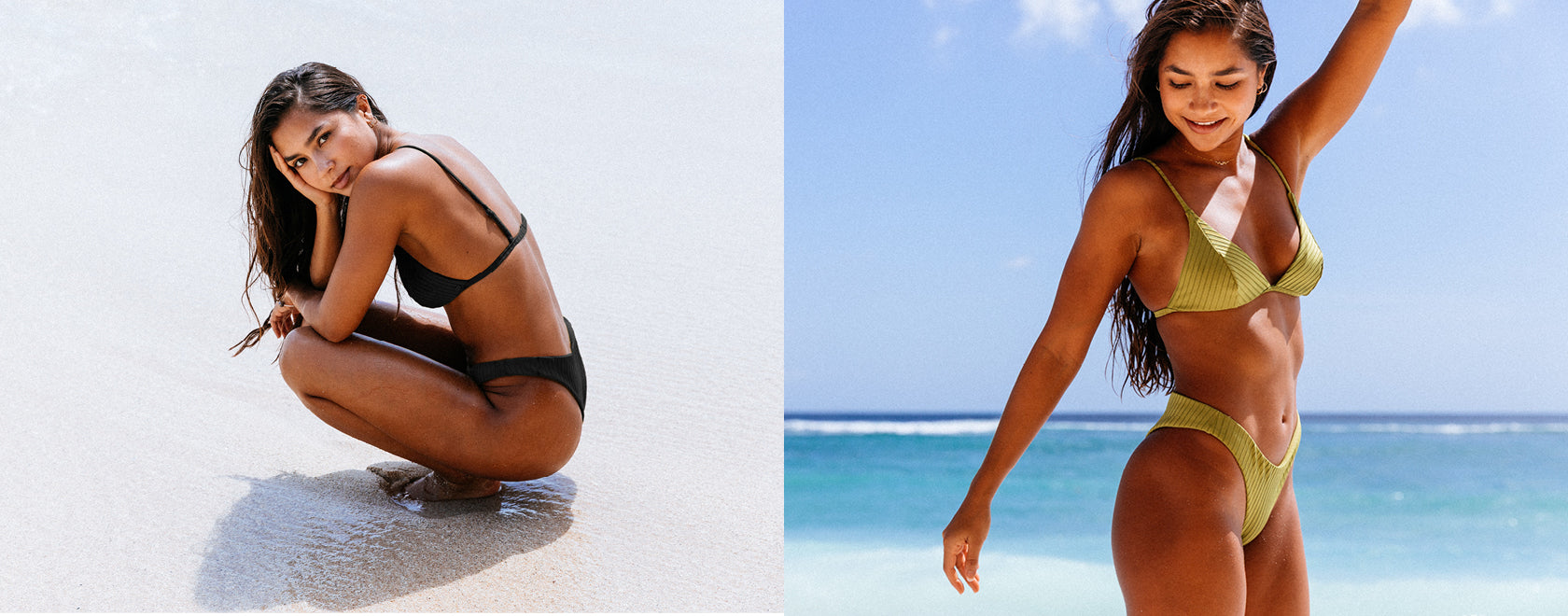 Two women in swimsuits on a beach with clear blue skies.