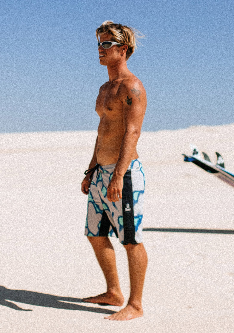 Man standing on a sandy beach wearing patterned shorts with sunglasses, with a clear blue sky in the background.