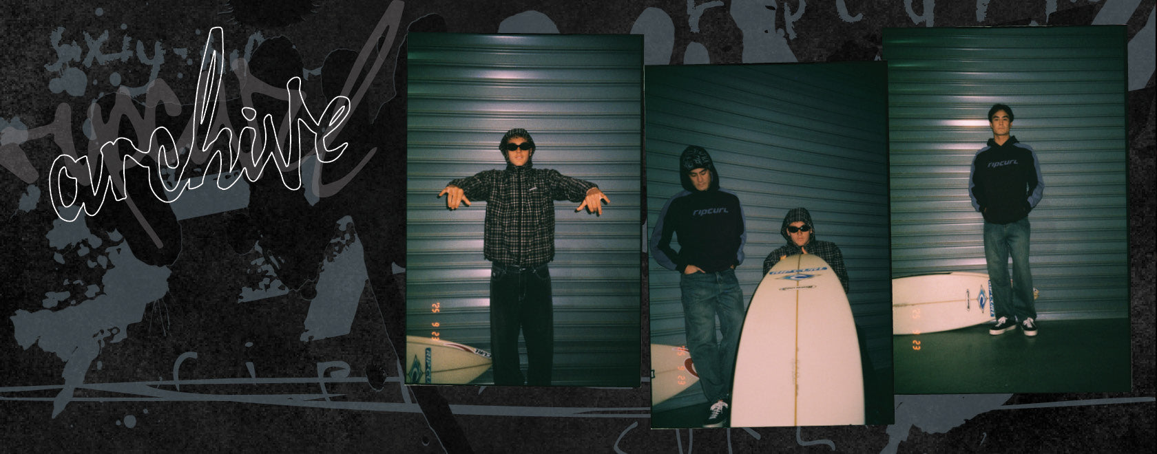 A collage of four vertical photos showing a man wearing a black hoodie and jeans in front of a corrugated metal wall, with one photo showing him holding a white surfboard. The left side has a dark graphic background with stylized white script text.
