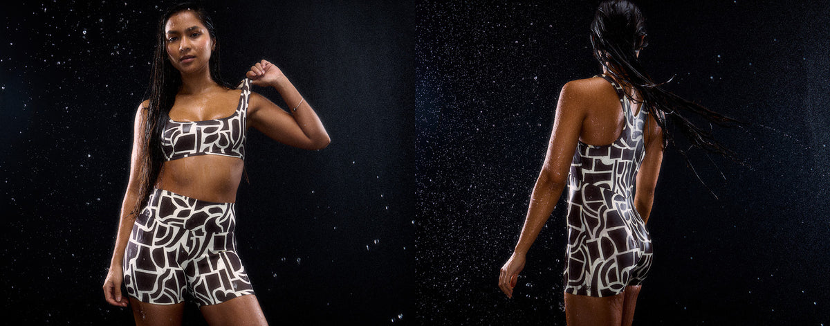 A woman modeling a matching two-piece outfit with a black and white geometric pattern, shown in front and back views against a dark, starry background.