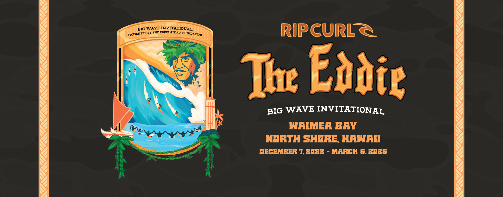 Promotional poster for Rip Curl The Eddie Big Wave Invitational with a stylized illustration of a person and wave on a dark background.