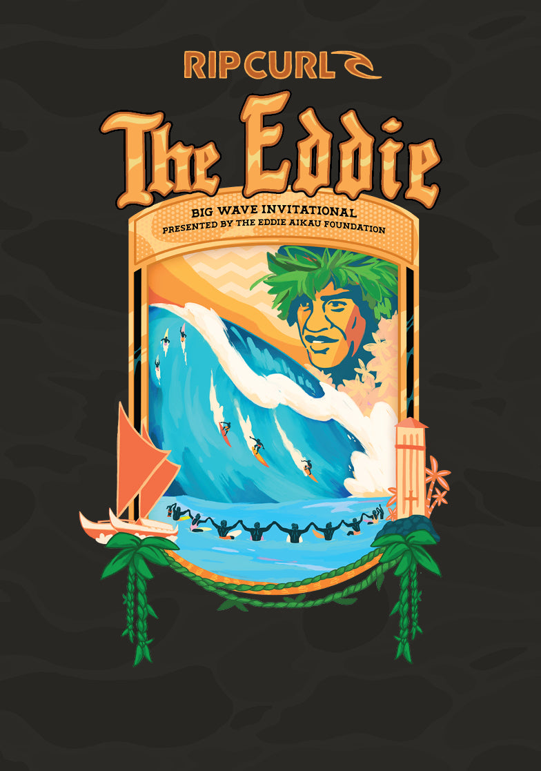 Rip Curl The Eddie Big Wave Invitational logo with a stylized illustration of a person with green hair and a wave.