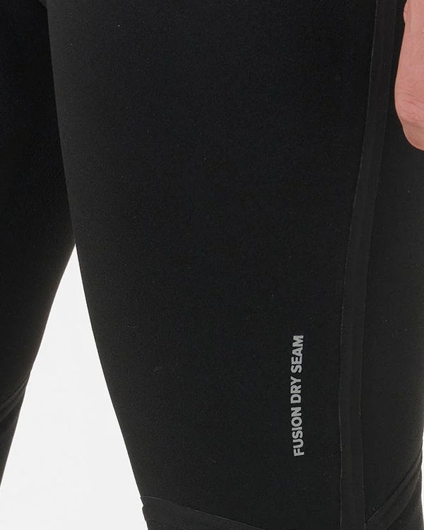 Close-up of black pants with 'Fusion Dry Seam' text on a white background